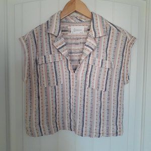 Anthropologie Cropped Utility Pullover Top Striped Blue Pink Size XS